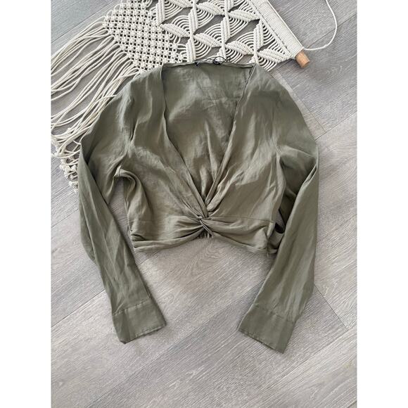 Zara Twist Front Linen Crop Top Large Olive Green Long Sleeve Tie Back Deep V - Picture 2 of 9
